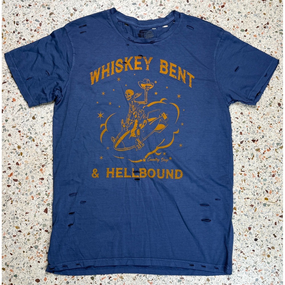 Country Deep Whiskey Bent & Hellbound Distressed T-Shirt Size Small